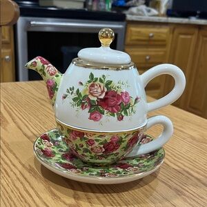 Royal Albert Floral Teapot and Cup Set with Gold Accents